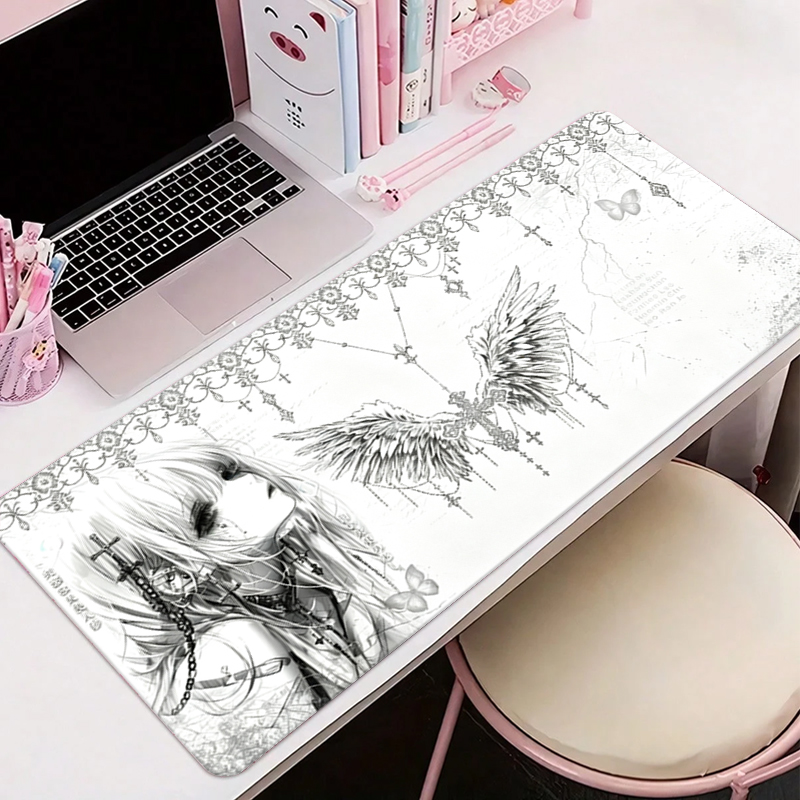 Tablet With All Accessories - Leder-Mauspad Schwarz Weiß Anime Ästhetik Engel-Mädchen